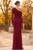 Sparkly Burgundy Beaded Mermaid Ruched Long Sleeves Formal Dress with Slit