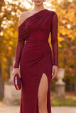Sparkly Burgundy Beaded Mermaid Ruched Long Sleeves Formal Dress with Slit