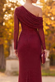 Sparkly Burgundy Beaded Mermaid Ruched Long Sleeves Formal Dress with Slit