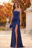 Sparkly Dark Blue Mermaid Ruched Satin Sequins Long Formal Dress with Slit