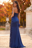 Sparkly Dark Blue Mermaid Ruched Satin Sequins Long Formal Dress with Slit