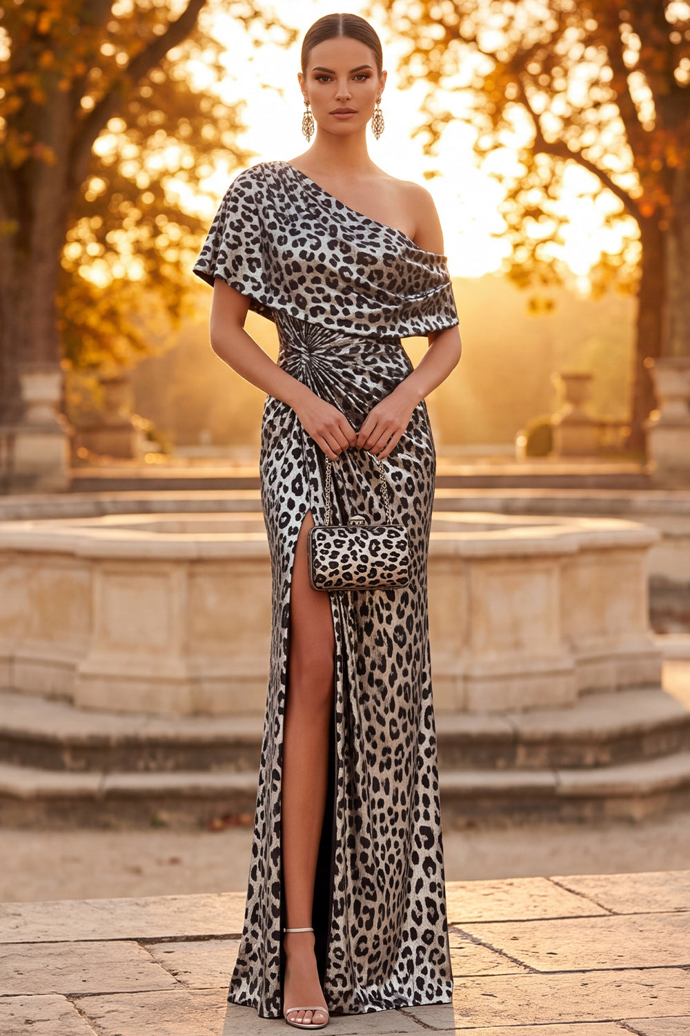 Silver Mermaid Cheetah Print Ruched Long Formal Dress with Slit