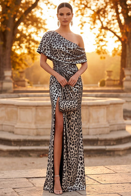 Silver Mermaid Cheetah Print Ruched Long Formal Dress with Slit