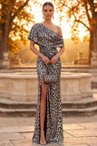 Silver Mermaid Cheetah Print Ruched Long Formal Dress with Slit