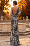 Silver Mermaid Cheetah Print Ruched Long Formal Dress with Slit