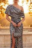 Silver Mermaid Cheetah Print Ruched Long Formal Dress with Slit