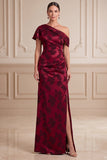 Burgundy Sheath Floral Satin Ruched Long Mother of the Bride Dress with Slit