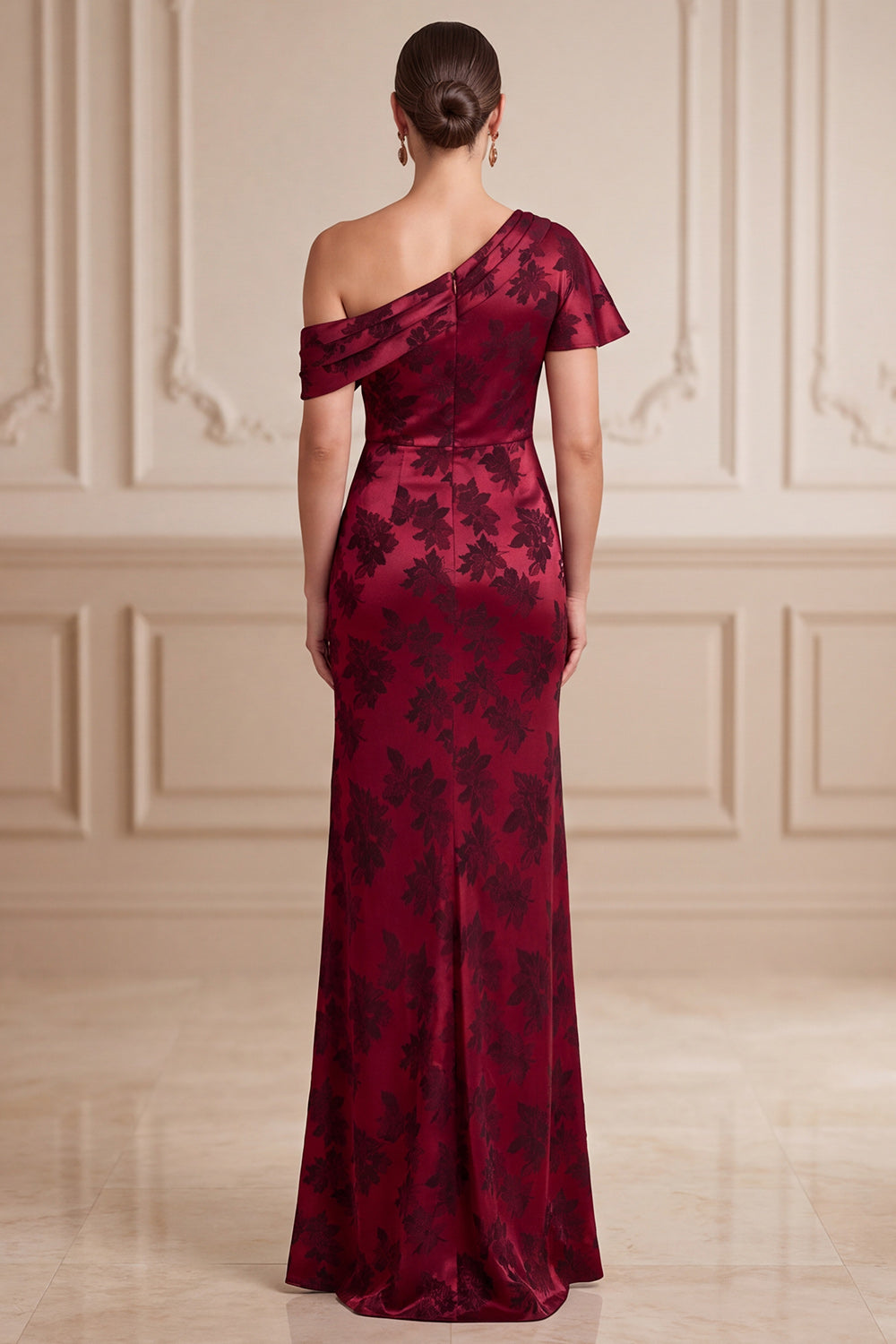 Burgundy Sheath Floral Satin Ruched Long Mother of the Bride Dress with Slit