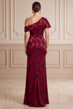 Burgundy Sheath Floral Satin Ruched Long Mother of the Bride Dress with Slit
