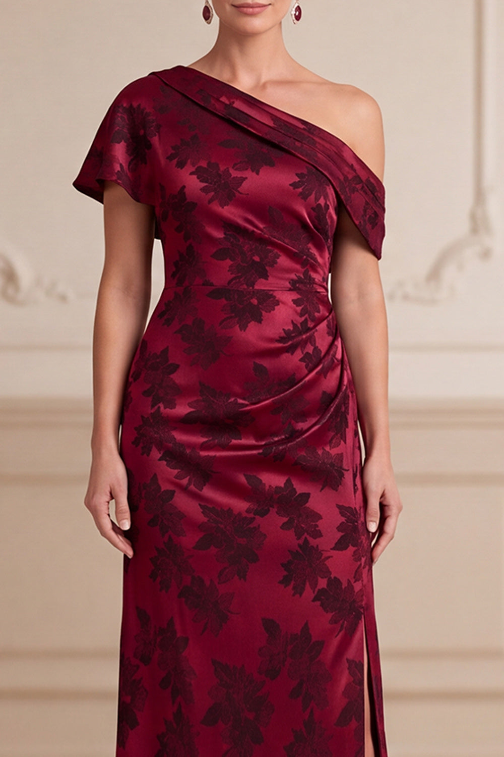 Burgundy Sheath Floral Satin Ruched Long Mother of the Bride Dress with Slit
