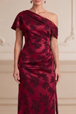 Burgundy Sheath Floral Satin Ruched Long Mother of the Bride Dress with Slit
