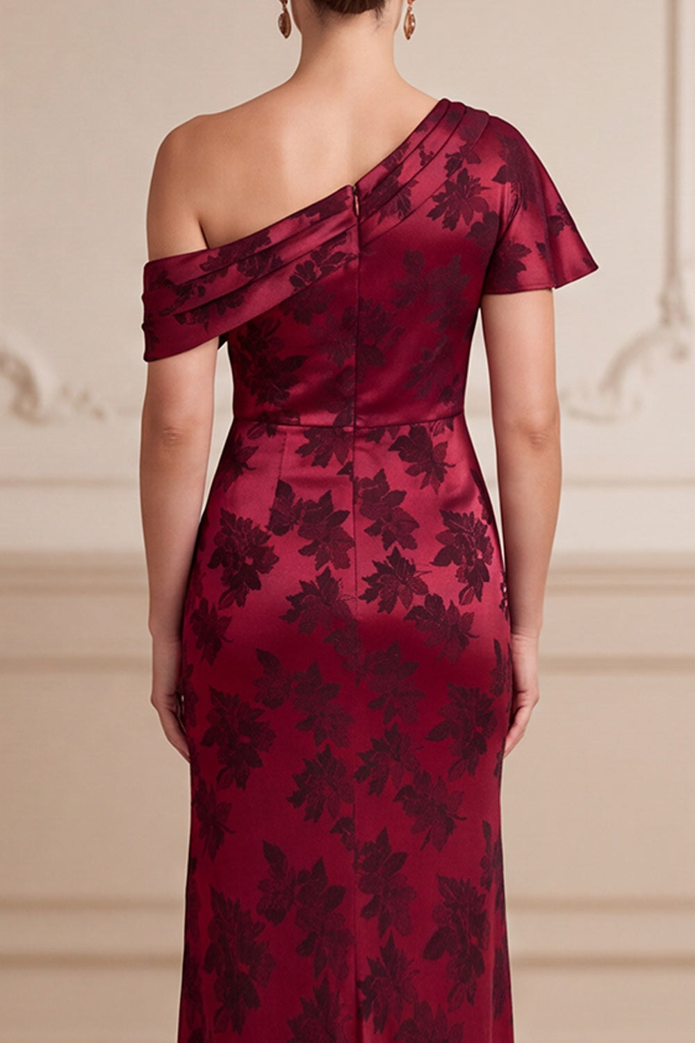 Burgundy Sheath Floral Satin Ruched Long Mother of the Bride Dress with Slit