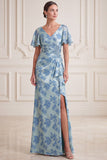 Grey Blue Satin V-Neck Ruched Long Beaded Mother of the Bride Dress with Slit