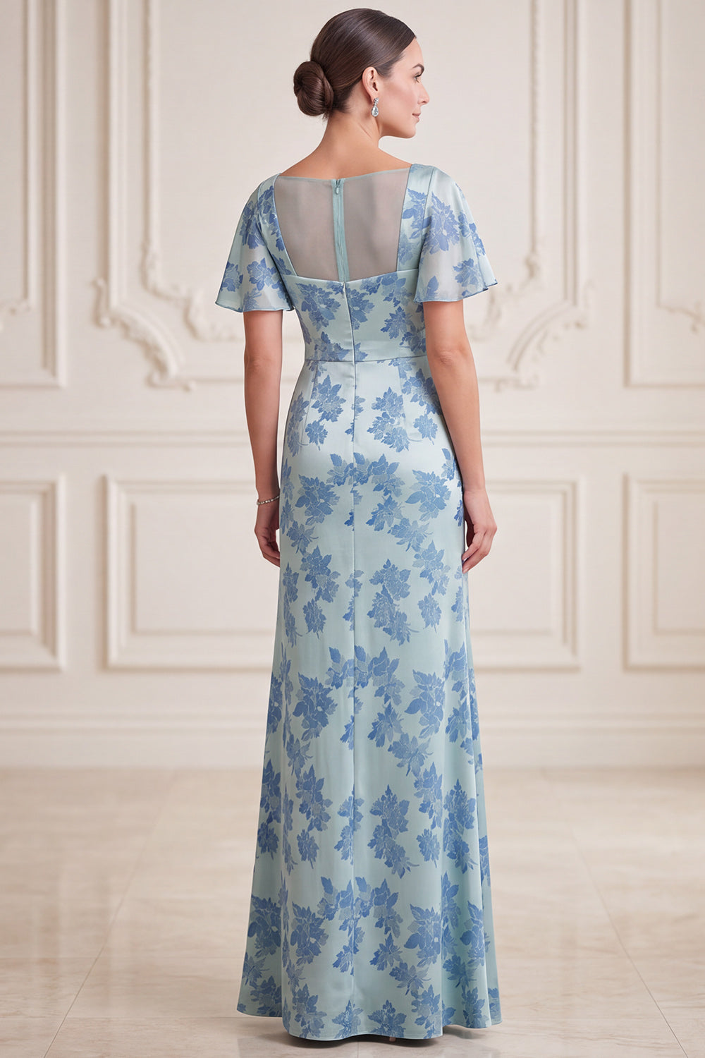 Grey Blue Satin V-Neck Ruched Long Beaded Mother of the Bride Dress with Slit