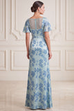 Grey Blue Satin V-Neck Ruched Long Beaded Mother of the Bride Dress with Slit
