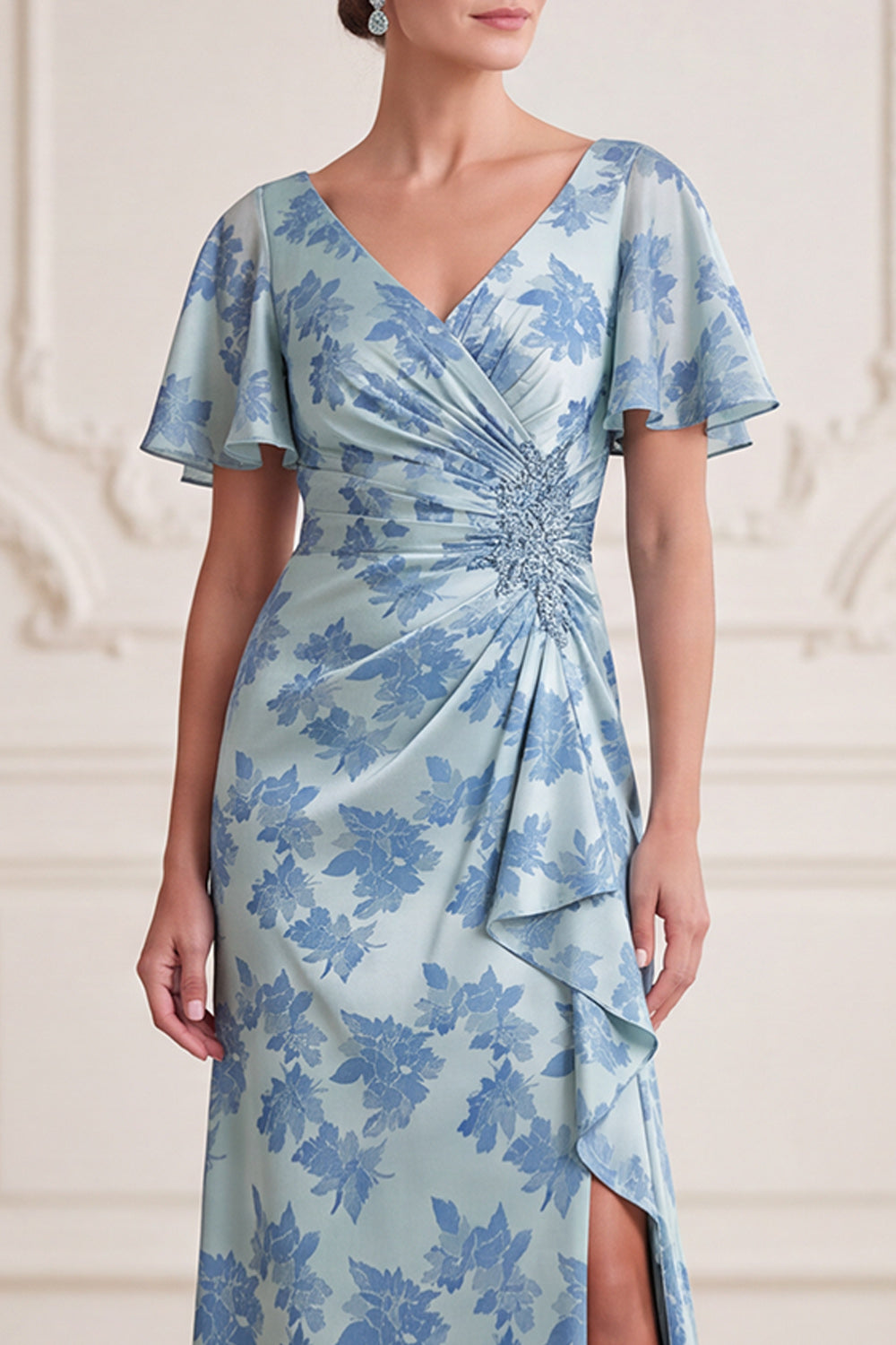 Grey Blue Satin V-Neck Ruched Long Beaded Mother of the Bride Dress with Slit