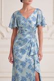 Grey Blue Satin V-Neck Ruched Long Beaded Mother of the Bride Dress with Slit