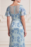 Grey Blue Satin V-Neck Ruched Long Beaded Mother of the Bride Dress with Slit
