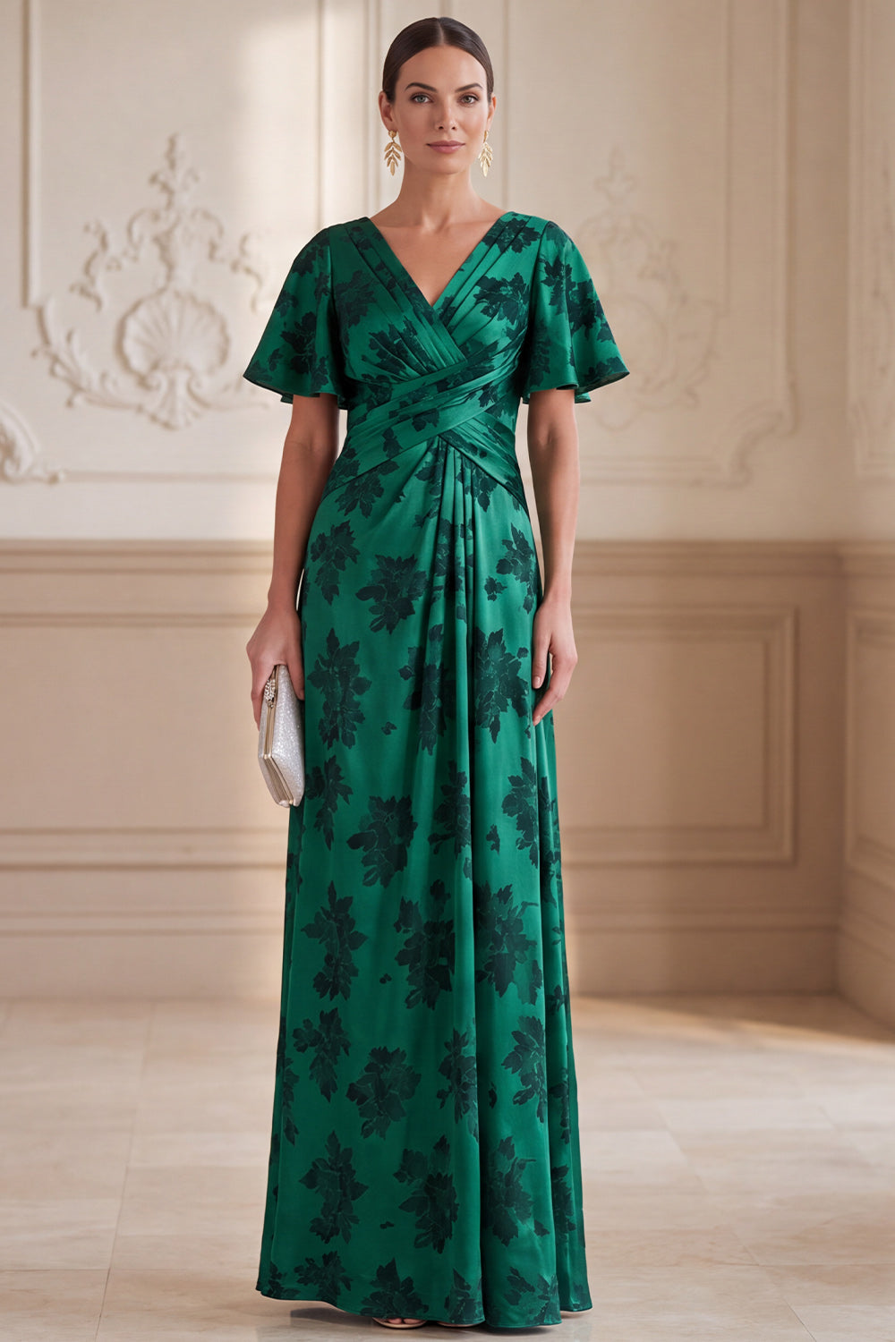 Dark Green A-Line Ruched Floral Satin Flutter Sleeves Long Mother of the Bride Dress