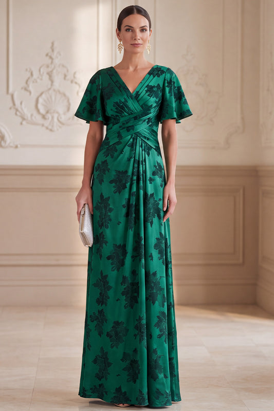 Dark Green A-Line Ruched Floral Satin Flutter Sleeves Long Mother of the Bride Dress
