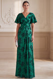 Dark Green A-Line Ruched Floral Satin Flutter Sleeves Long Mother of the Bride Dress