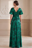 Dark Green A-Line Ruched Floral Satin Flutter Sleeves Long Mother of the Bride Dress