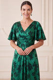 Dark Green A-Line Ruched Floral Satin Flutter Sleeves Long Mother of the Bride Dress