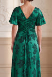 Dark Green A-Line Ruched Floral Satin Flutter Sleeves Long Mother of the Bride Dress