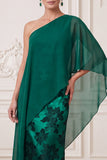 Dark Green Sheath Satin Floral Long Mother of the Bride Dress with Slit