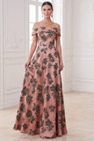 Orange A-Line Off the Shoulder Satin Floral Long Mother of the Bride Dress