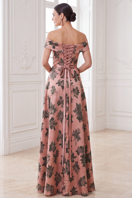 Orange A-Line Off the Shoulder Satin Floral Long Mother of the Bride Dress