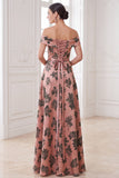 Orange A-Line Off the Shoulder Satin Floral Long Mother of the Bride Dress