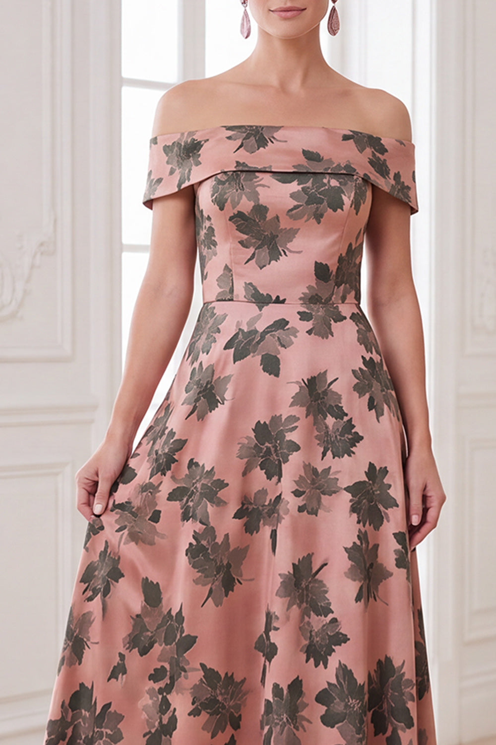 Orange A-Line Off the Shoulder Satin Floral Long Mother of the Bride Dress