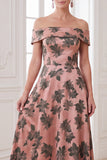 Orange A-Line Off the Shoulder Satin Floral Long Mother of the Bride Dress
