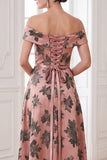 Orange A-Line Off the Shoulder Satin Floral Long Mother of the Bride Dress