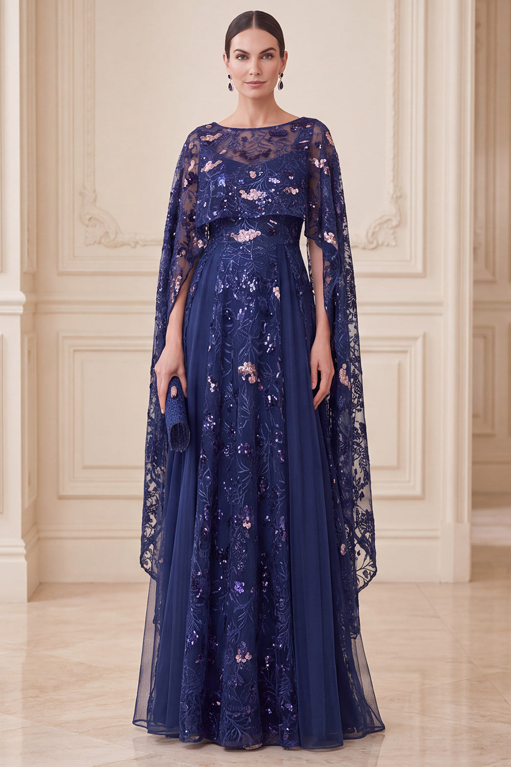 Sparkly Navy Floral A-Line Sequins Long Mother of the Bride Dress with Cape