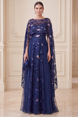 Sparkly Navy Floral A-Line Sequins Long Mother of the Bride Dress with Cape