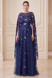 Sparkly Navy Floral A-Line Sequins Long Mother of the Bride Dress with Cape