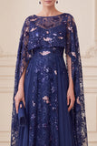 Sparkly Navy Floral A-Line Sequins Long Mother of the Bride Dress with Cape