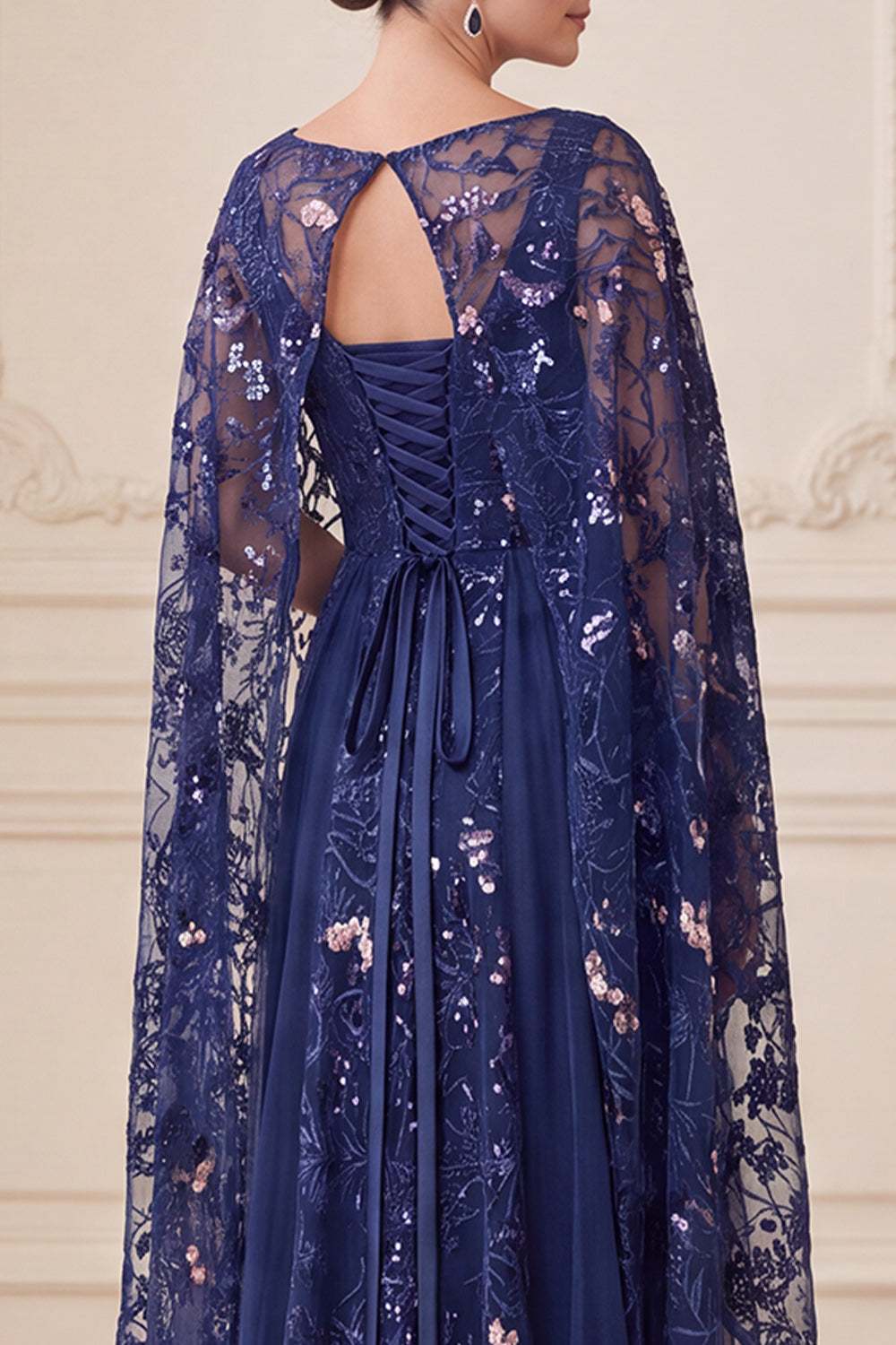 Sparkly Navy Floral A-Line Sequins Long Mother of the Bride Dress with Cape