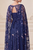 Sparkly Navy Floral A-Line Sequins Long Mother of the Bride Dress with Cape