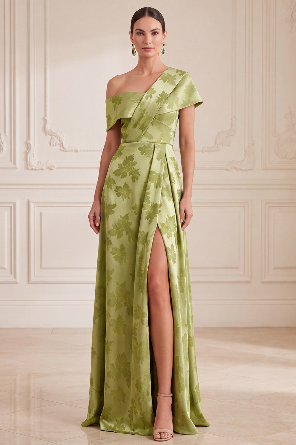 Green A-Line One Shoulder Satin Floral Long Mother of the Bride Dress with Slit