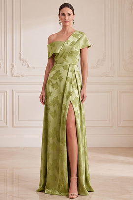 Green A-Line One Shoulder Satin Floral Long Mother of the Bride Dress with Slit