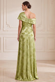 Green A-Line One Shoulder Satin Floral Long Mother of the Bride Dress with Slit