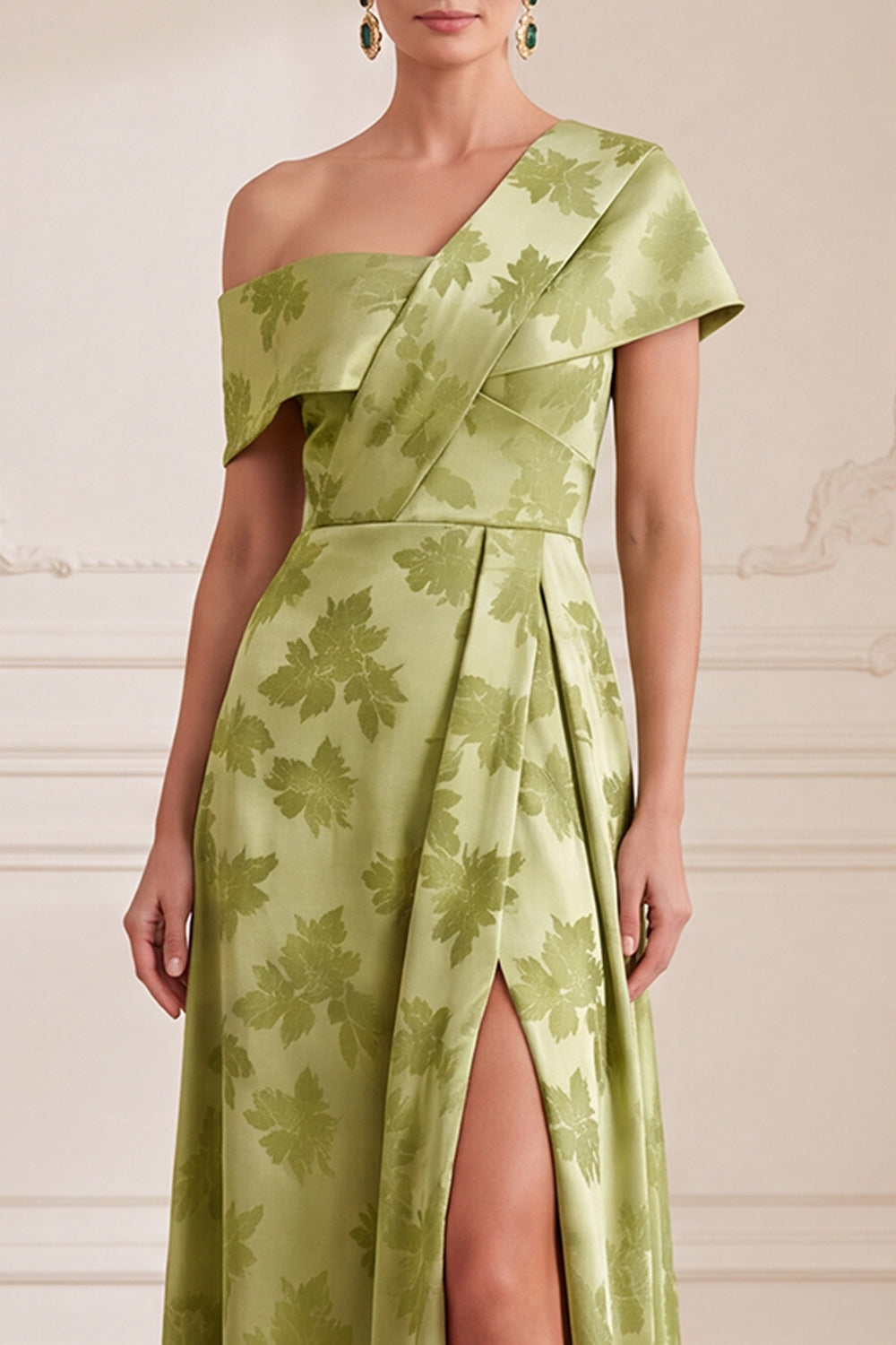 Green A-Line One Shoulder Satin Floral Long Mother of the Bride Dress with Slit