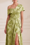 Green A-Line One Shoulder Satin Floral Long Mother of the Bride Dress with Slit