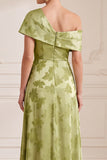 Green A-Line One Shoulder Satin Floral Long Mother of the Bride Dress with Slit