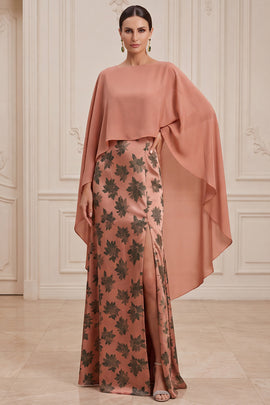 Orange Sheath Floral Long Satin Mother of the Bride Dress with Cape