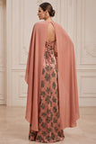 Orange Sheath Floral Long Satin Mother of the Bride Dress with Cape