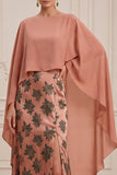Orange Sheath Floral Long Satin Mother of the Bride Dress with Cape